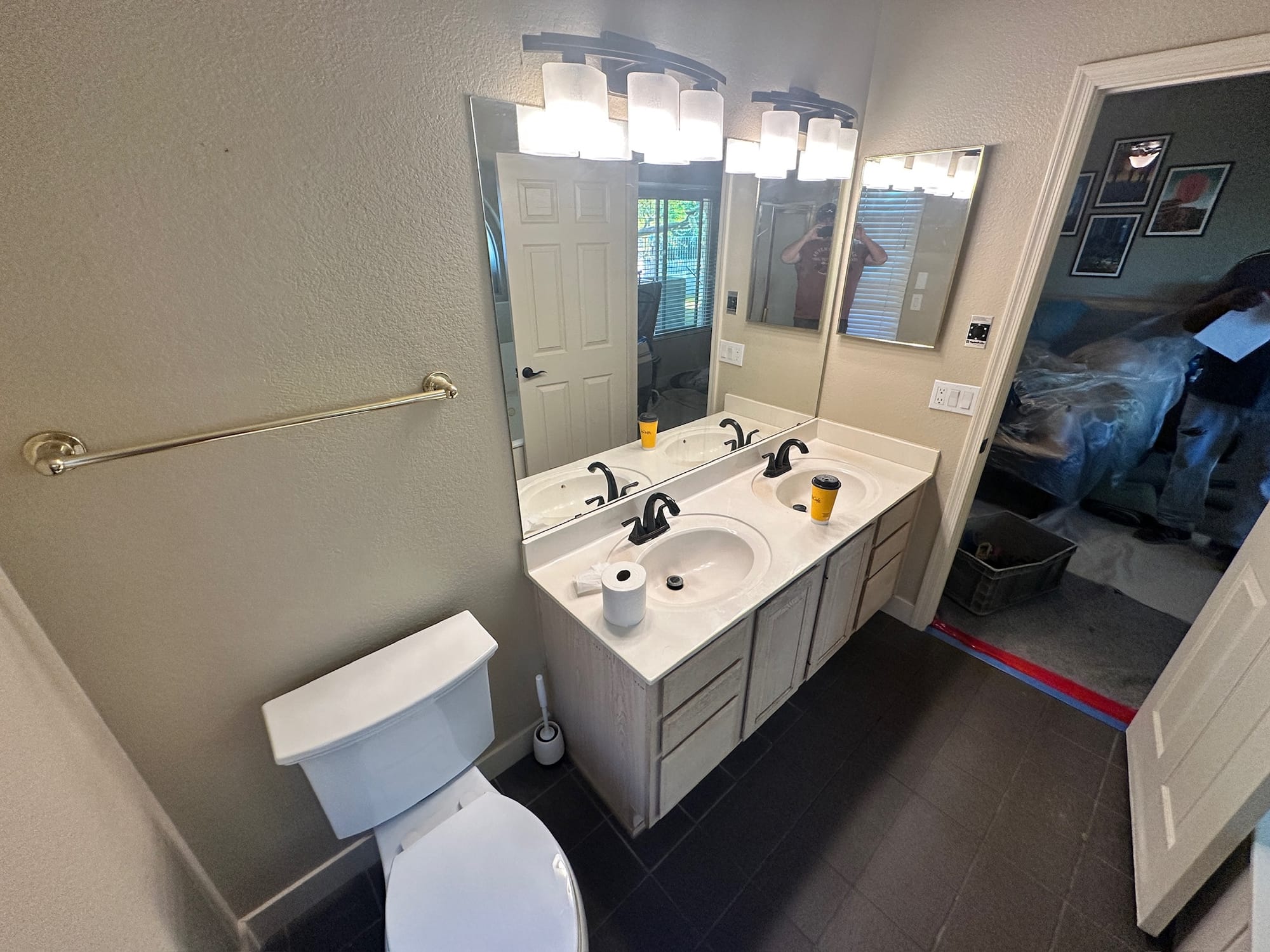 Ahwatukee master bathroom before — dated double vanity with cultured marble countertop and white shaker cabinets