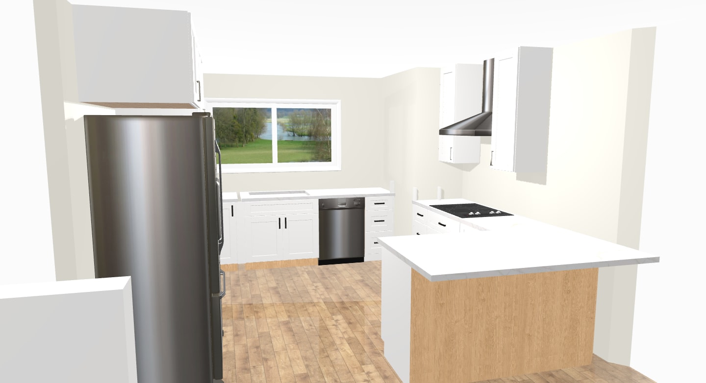 Design rendering — U-shaped kitchen layout with Sollid Three Series Shaker White, peninsula with Calacatta Divine quartz counter, double wall oven, and full-height Calacatta Divine backsplash
