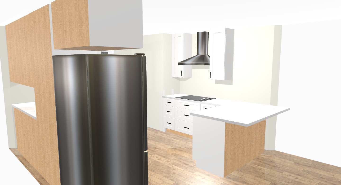 Design rendering — cook wall with stainless hood over the cooktop, drawer banks for maximized storage, and Della Terra Calacatta Divine quartz carried up as a full-height backsplash