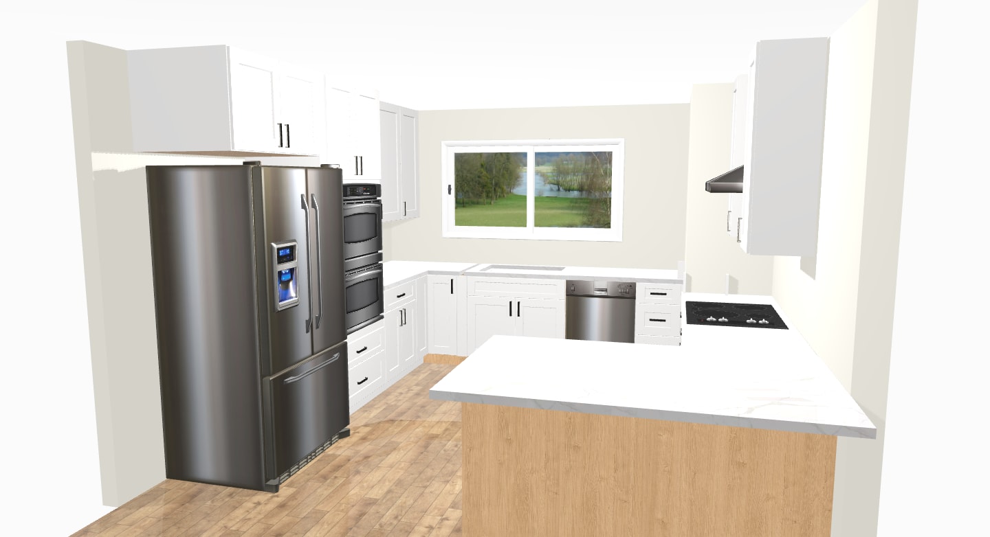 Design rendering — peninsula with Calacatta Divine quartz counter, bar seating, and sightline from the kitchen to the open-plan dining area