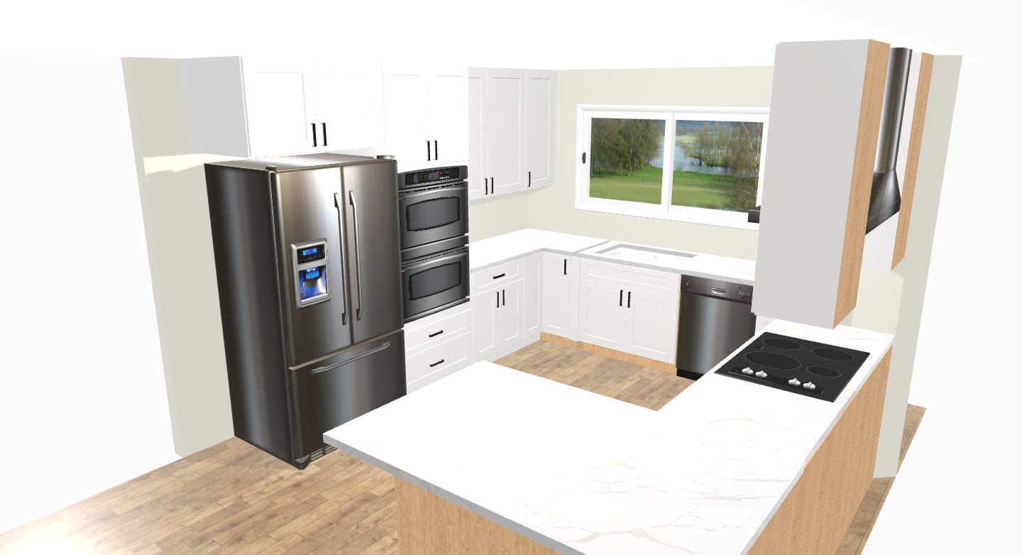 Design rendering — view from the dining area toward the kitchen, showing peninsula bar, linear pendant, and open-plan flow