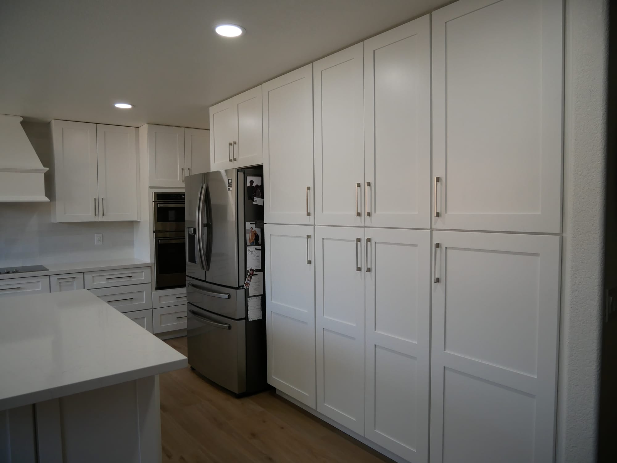 Gilbert kitchen island with drawer storage — wood-look porcelain tile floor